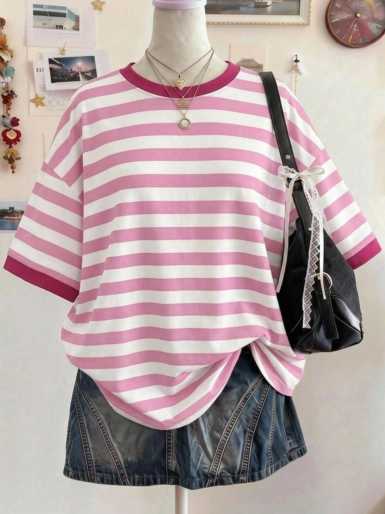 Women's Striped O-Neck Short Sleeve Contrast Color Oversized Tee Beige Summer Casual School Top Fashionable Elegant Y2K Style