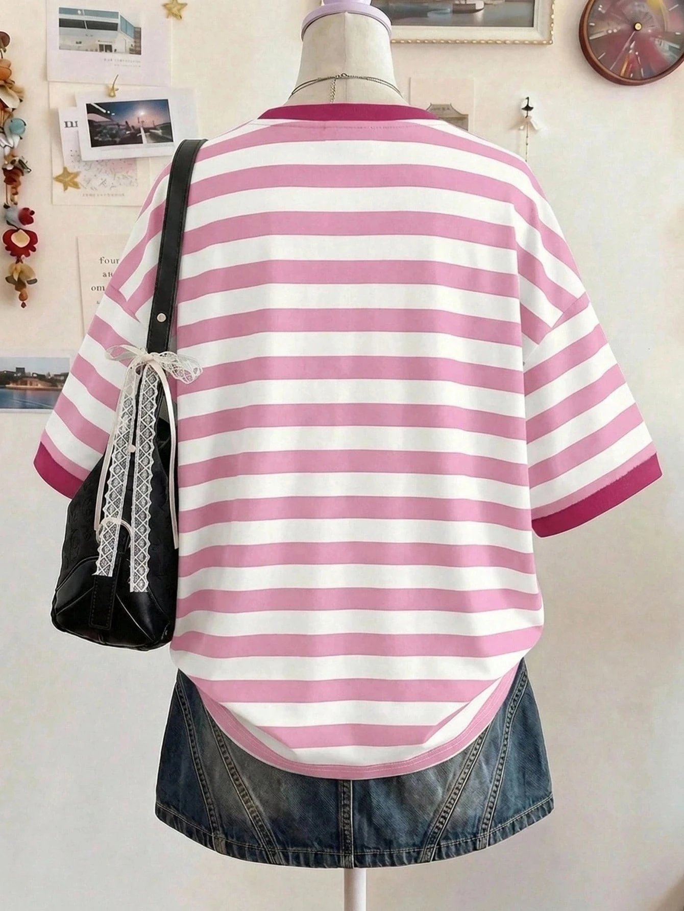 Women's Striped O-Neck Short Sleeve Contrast Color Oversized Tee Beige Summer Casual School Top Fashionable Elegant Y2K Style