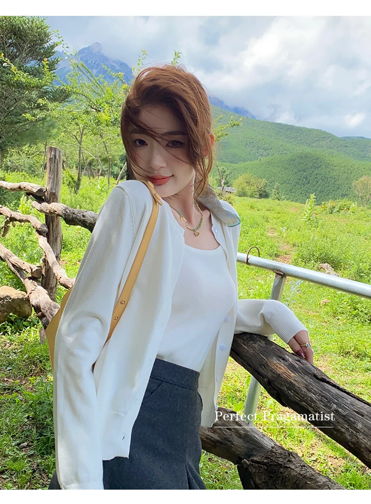 Knitted Sweater Women Cardigans New Long Sleeve O-Neck White Knit Sweater Cardigan Women Tops Knitwears Sueters De Mujer Q1016
