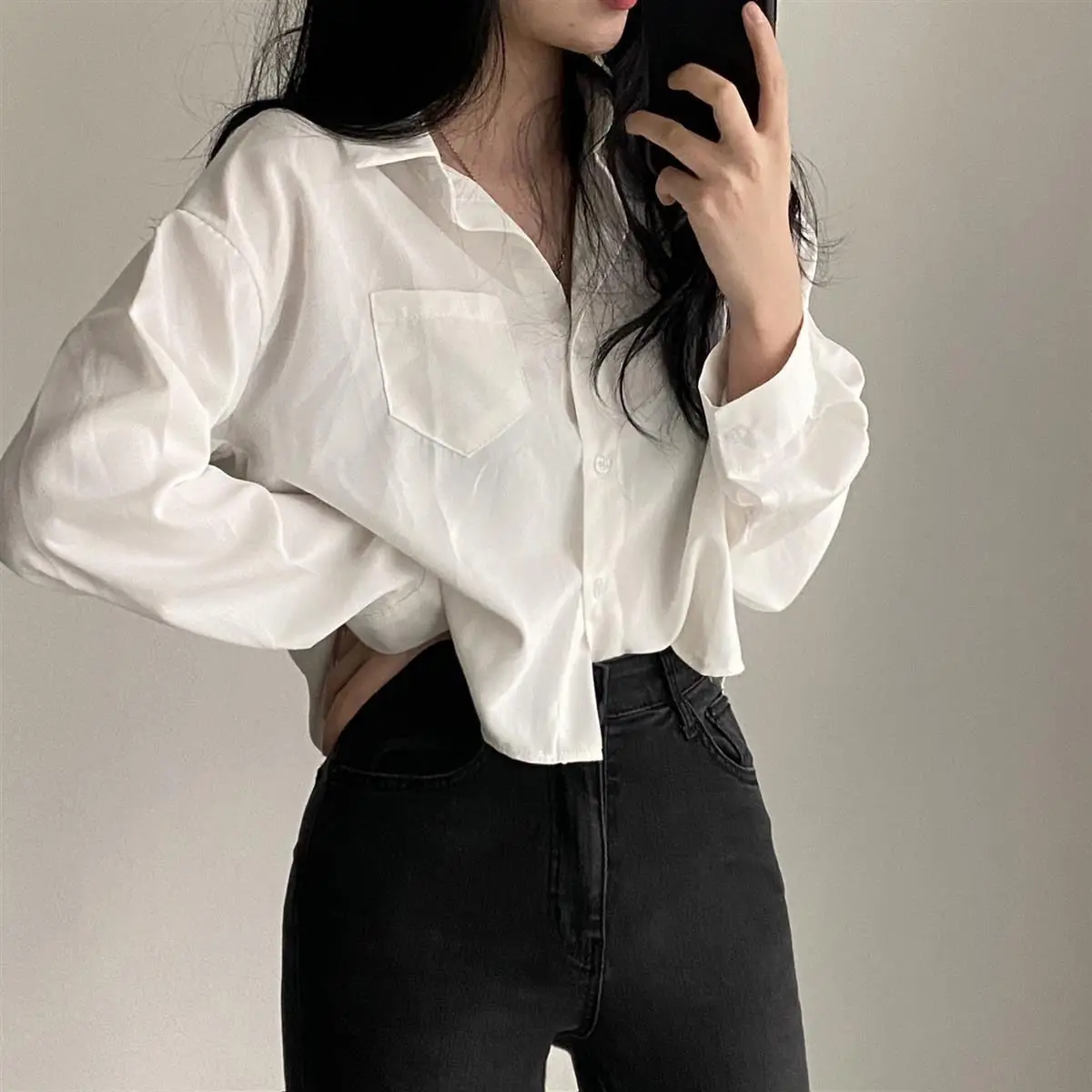 Simple Single Breasted Loose Casual Solid Long Sleeved Shirt And Blouse Office Lady Trend Short Top Simple Elegant White Clothes