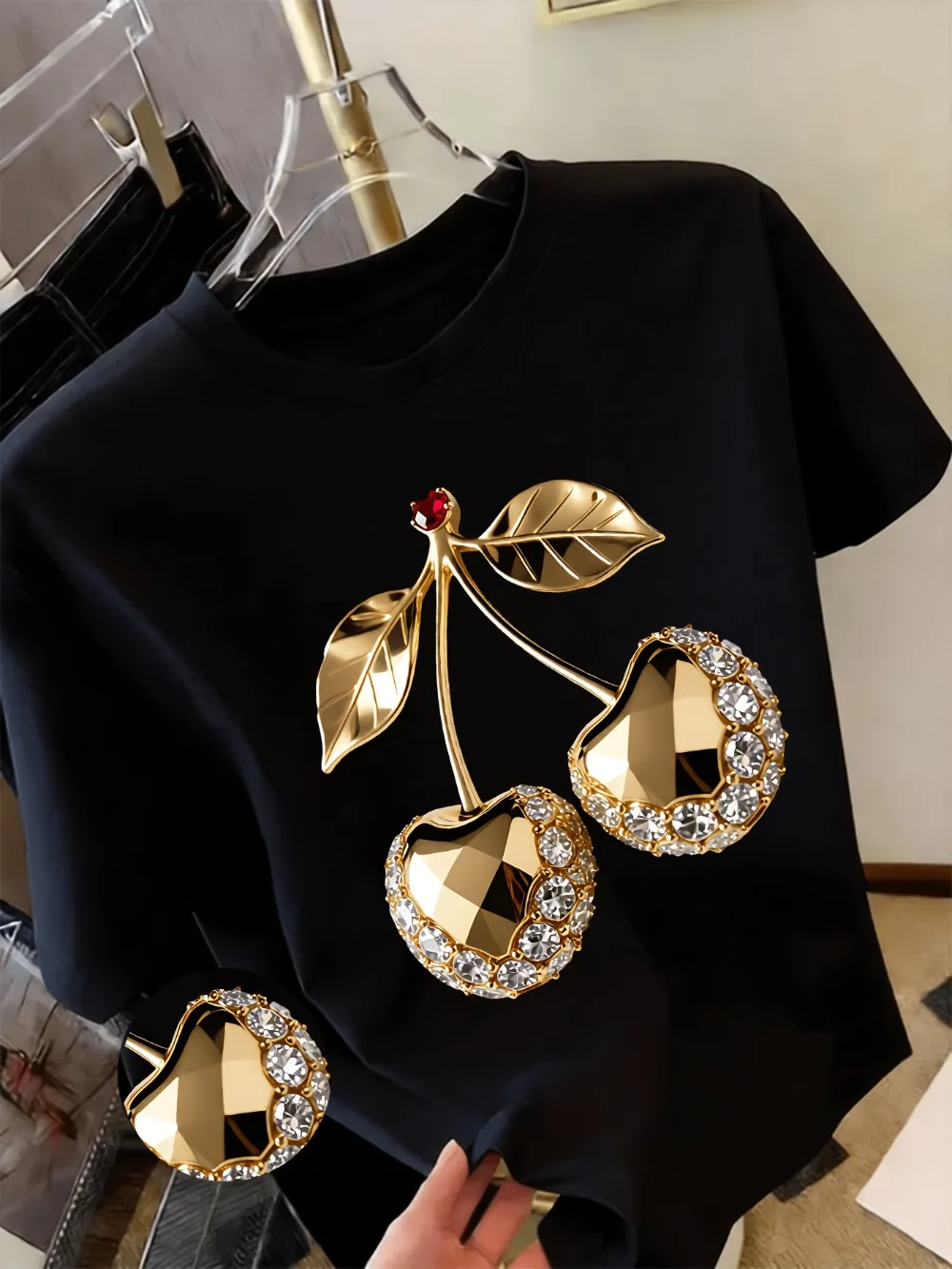 Golden Cherry Print T-Shirt with Diamond Embellishments Spring Summer Essential Lightweight Casual Suitable for Parties Clothing