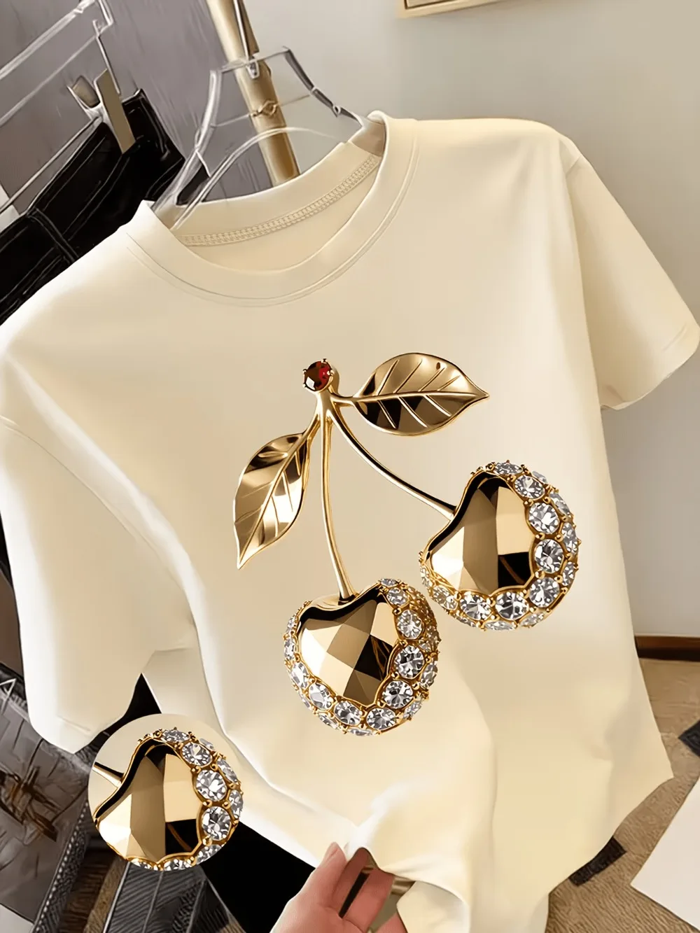 Golden Cherry Print T-Shirt with Diamond Embellishments Spring Summer Essential Lightweight Casual Suitable for Parties Clothing