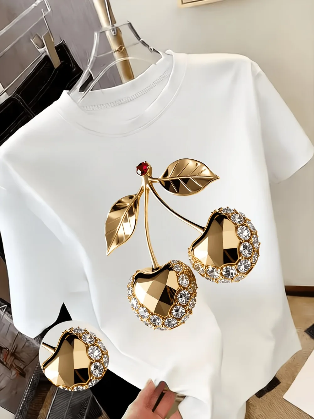 Golden Cherry Print T-Shirt with Diamond Embellishments Spring Summer Essential Lightweight Casual Suitable for Parties Clothing