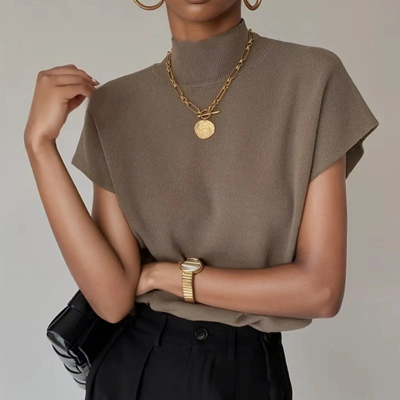 Fashion Stand-up Collar Slim Women Knitted Vest Loose Solid Elegant Straight Tops Short Sleeve Office Lady T Shirt Loose Shirt