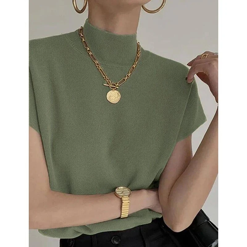 Fashion Stand-up Collar Slim Women Knitted Vest Loose Solid Elegant Straight Tops Short Sleeve Office Lady T Shirt Loose Shirt