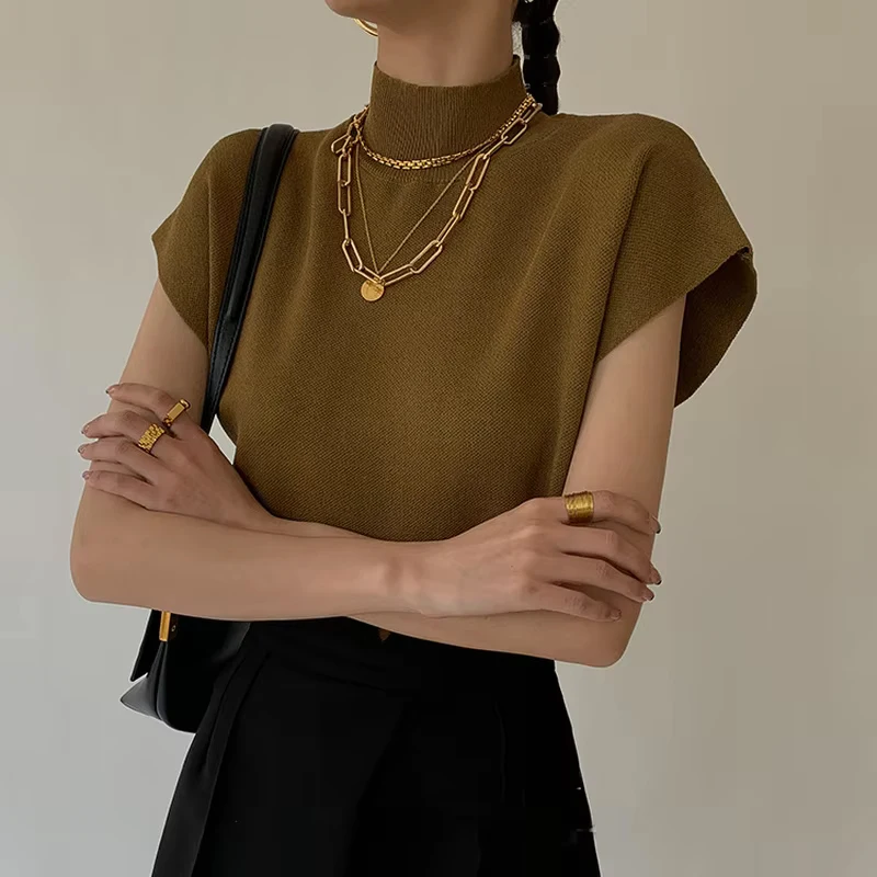 Fashion Stand-up Collar Slim Women Knitted Vest Loose Solid Elegant Straight Tops Short Sleeve Office Lady T Shirt Loose Shirt