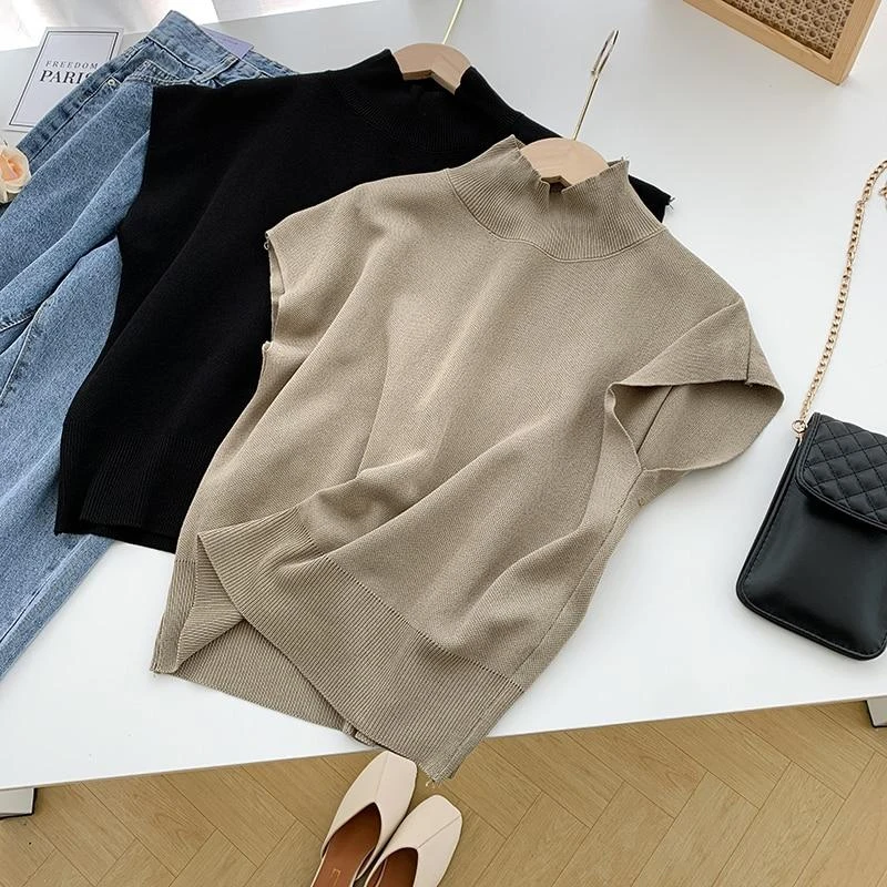 Fashion Stand-up Collar Slim Women Knitted Vest Loose Solid Elegant Straight Tops Short Sleeve Office Lady T Shirt Loose Shirt