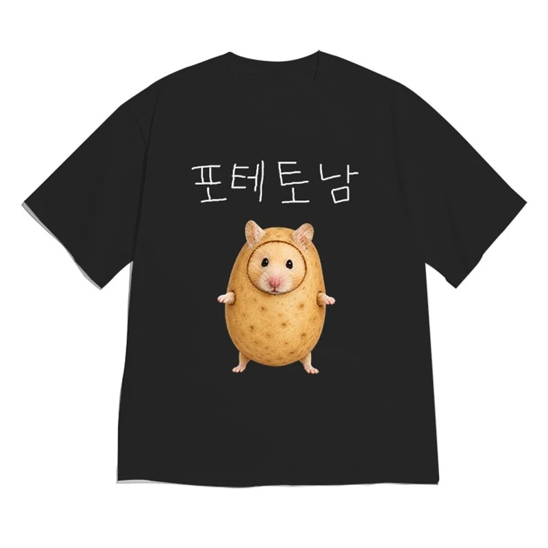 2026 Women Korean Streetwear T-Shirt Funny Potato Hamster Meme Hangul Text Graphic Loose Y2k Casual Short Sleeve Daily Tops
