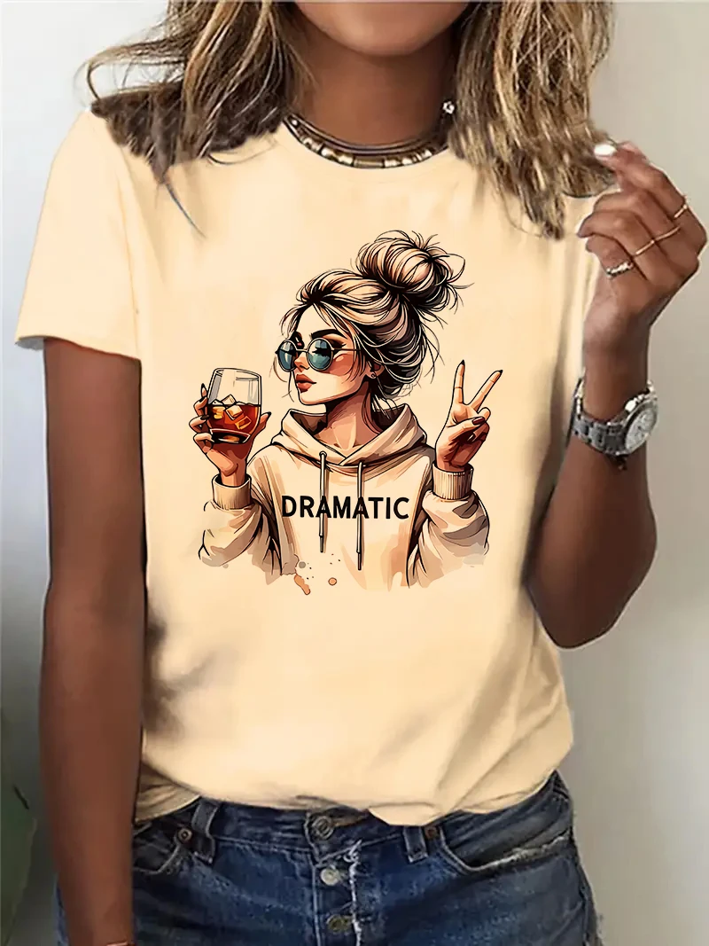 Streetwear 90s Women'S Casual Graphic T-Shirt "Dramatic" Print with Wine Print Short Sleeve T Shirt Clothing Top Tee