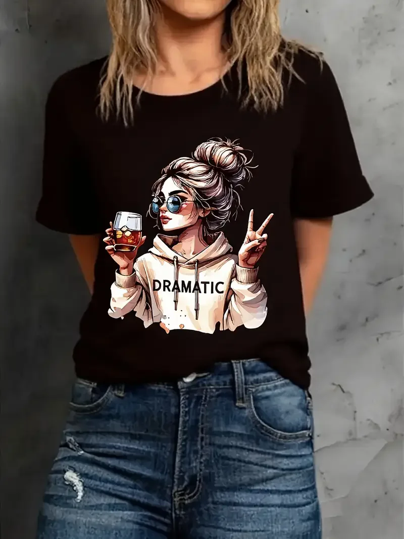 Streetwear 90s Women'S Casual Graphic T-Shirt "Dramatic" Print with Wine Print Short Sleeve T Shirt Clothing Top Tee