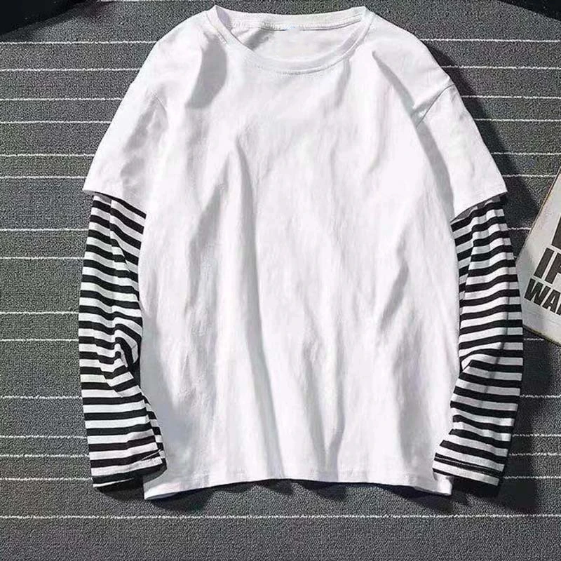 New Harajuku Black White Striped Y2K Long Sleeve Solid Color T-shirts Men Women Fall Fake Two Piece Long Sleeve Loose T-shirt