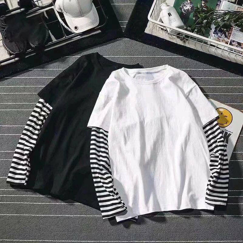 New Harajuku Black White Striped Y2K Long Sleeve Solid Color T-shirts Men Women Fall Fake Two Piece Long Sleeve Loose T-shirt