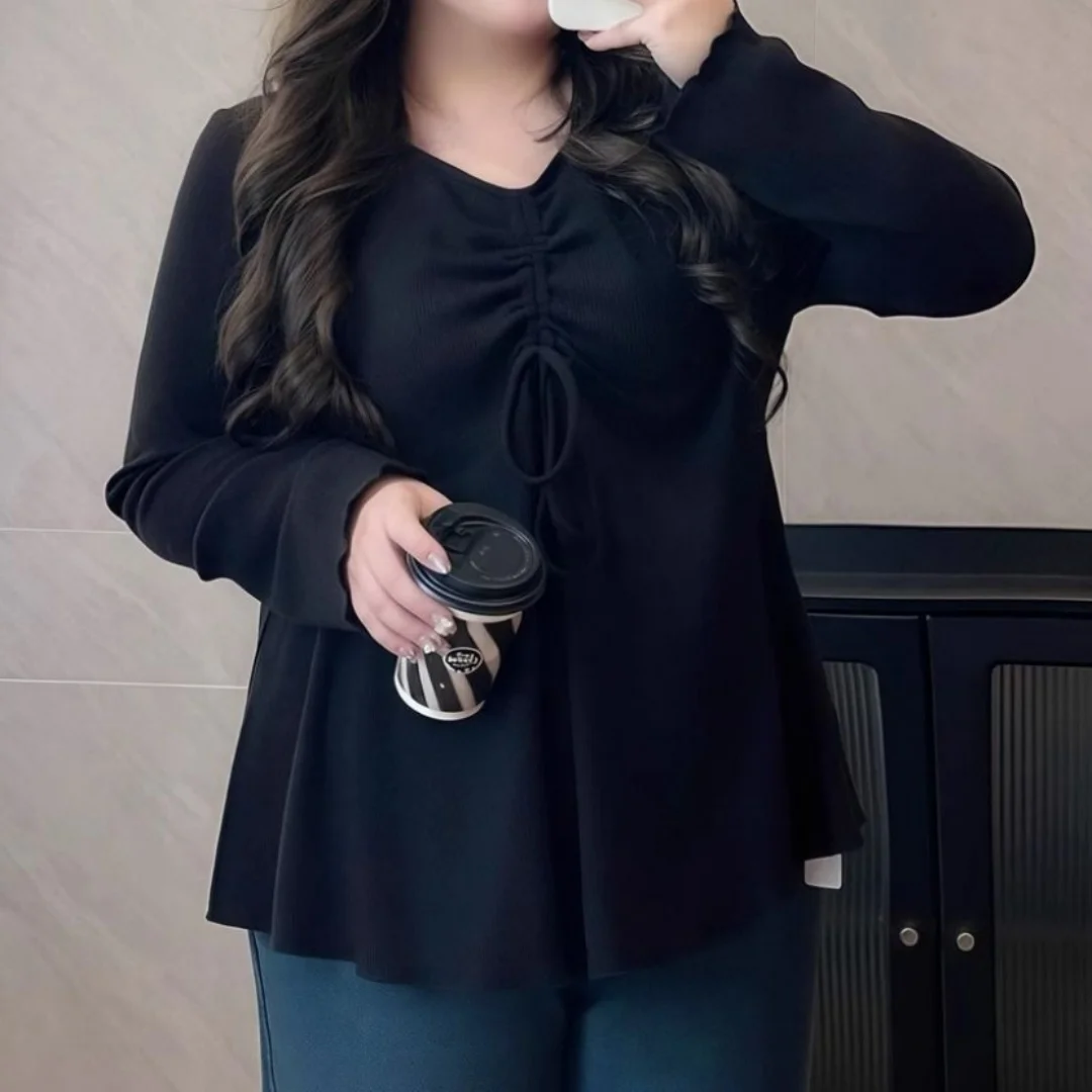 Plus Size Loose Elegance Blouses Spring Autumn V-Neck Long Sleeve Tops Solid Color Drawstring T-Shirt OL Casual Women's Clothing