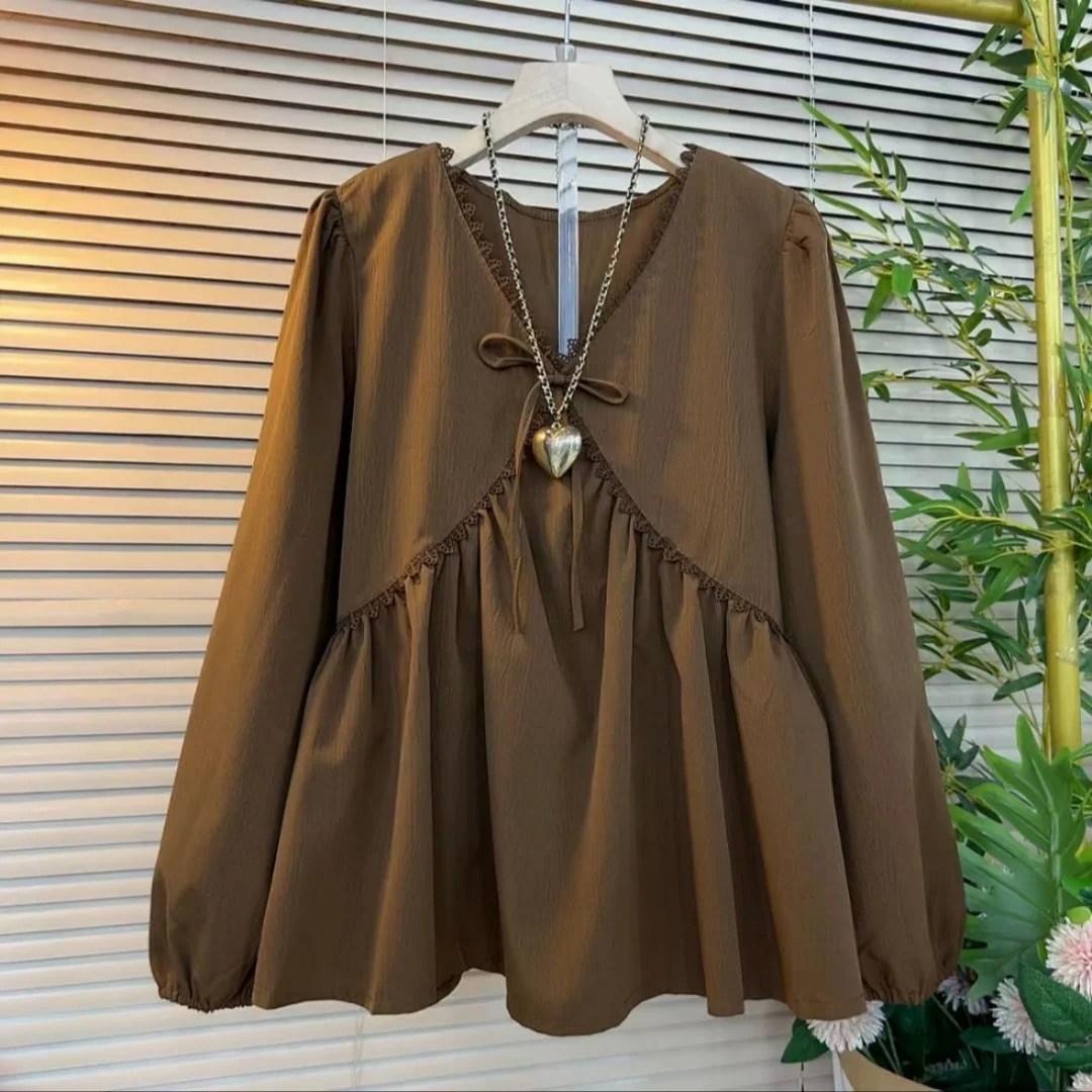 Plus Size Loose Elegance Blouses Spring Autumn V-Neck Long Sleeve Tops Solid Color Drawstring T-Shirt OL Casual Women's Clothing