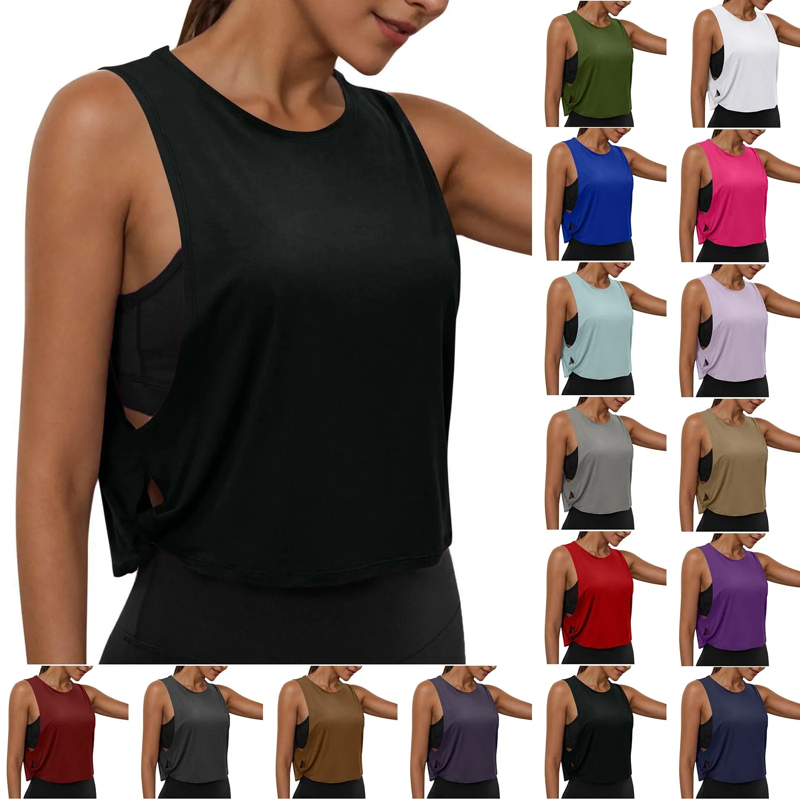 Women Sleeveless Yoga Tops Athletic Vest Breathable Blouse Cover Up Gym Workout Cool T-Shirt Running Short Tank Crop Top
