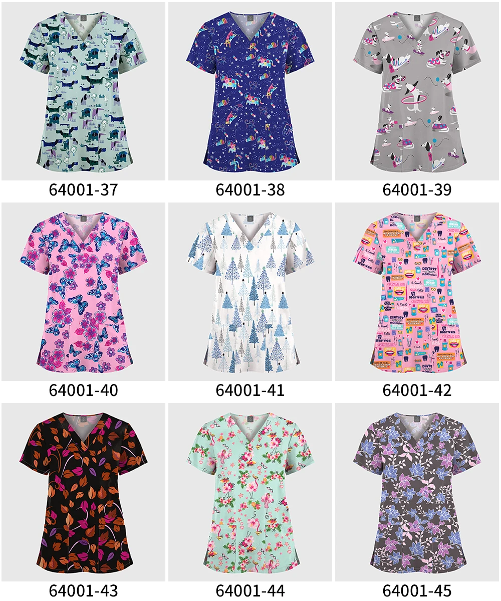 Wholesale Polyester Spandex Uniforms Beautiful Hospital Scrubs Tops Women Nurse Printed Scrub Top Healthcare Nursing Scrub Shirt