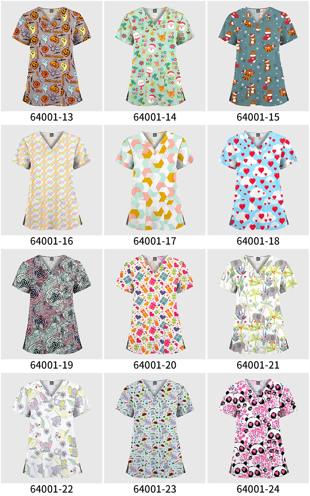 Wholesale Polyester Spandex Uniforms Beautiful Hospital Scrubs Tops Women Nurse Printed Scrub Top Healthcare Nursing Scrub Shirt