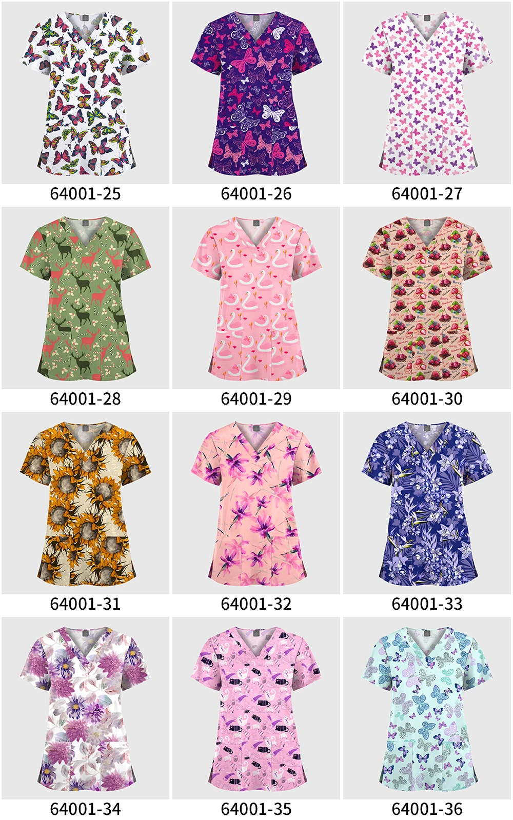 Wholesale Polyester Spandex Uniforms Beautiful Hospital Scrubs Tops Women Nurse Printed Scrub Top Healthcare Nursing Scrub Shirt