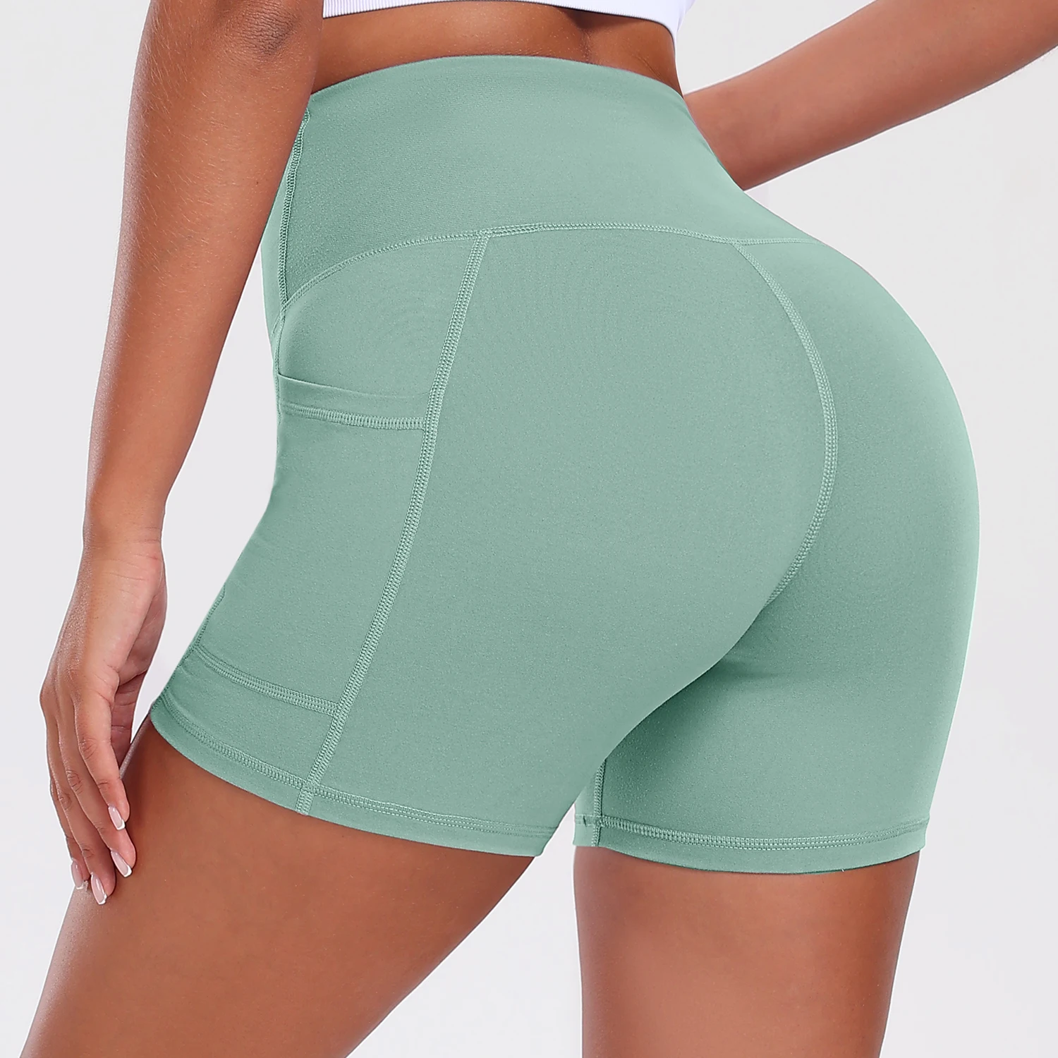 Solid Pocket Shorts Women Fitness Sports Short High Waist Yoga Short Cycling Comprehensive Training Jog Squat Proof