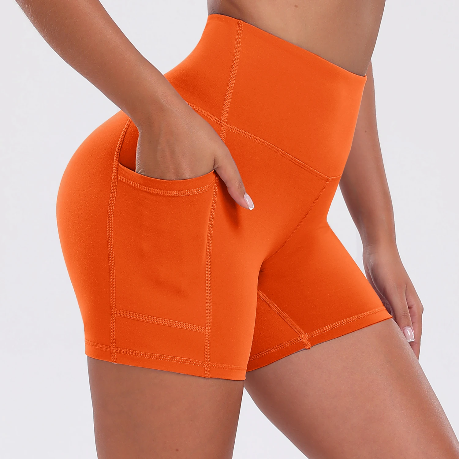 Solid Pocket Shorts Women Fitness Sports Short High Waist Yoga Short Cycling Comprehensive Training Jog Squat Proof