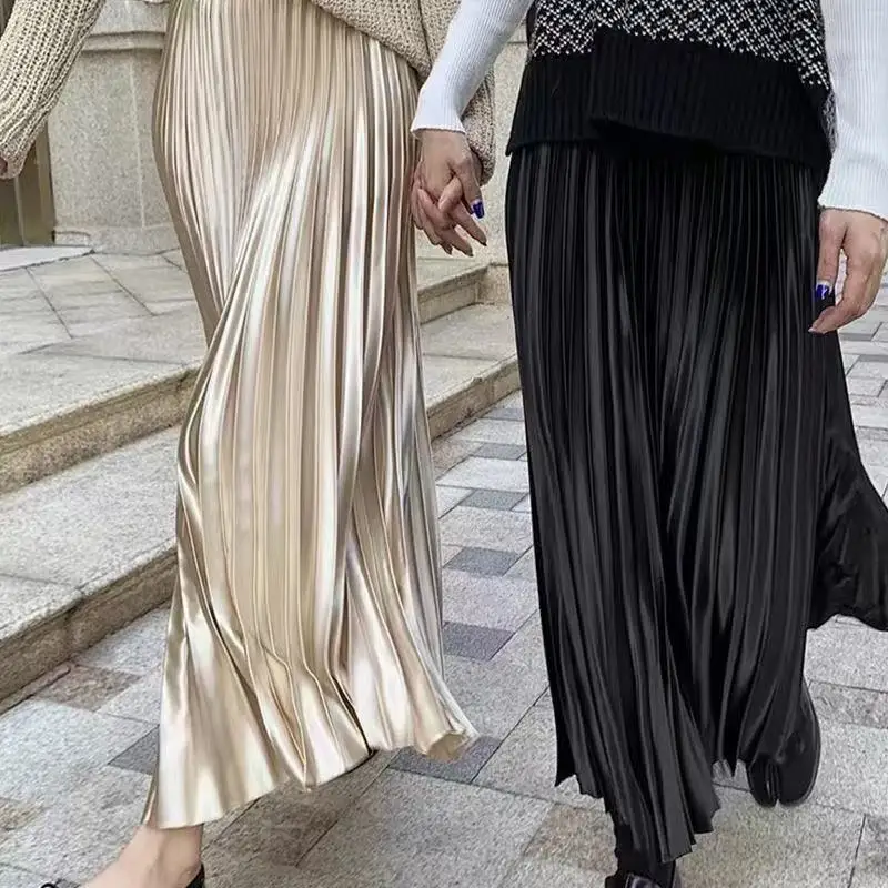 Women Summer Solid Pleated Satin Long Skirt Korean New Fashion Ladies Work Casual Elastic High Waist A Line Party Loose Skirts