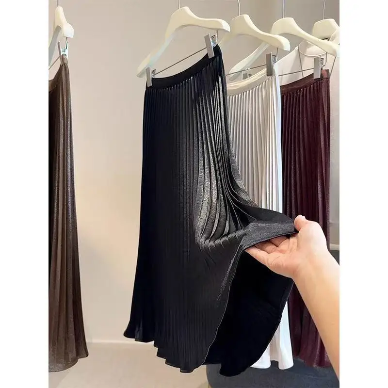 Women Summer Solid Pleated Satin Long Skirt Korean New Fashion Ladies Work Casual Elastic High Waist A Line Party Loose Skirts