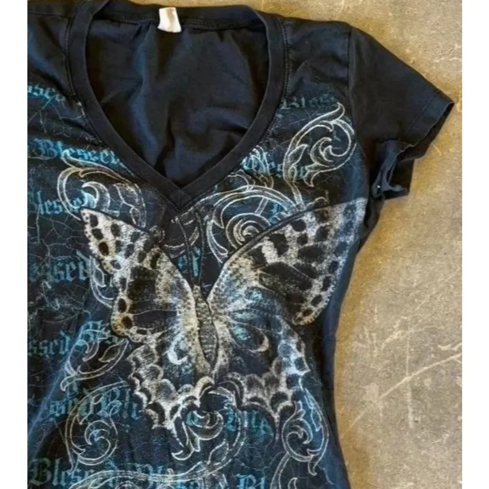Vintage Butterfly Print V Neck T Shirt Women Retro Grunge Streetwear Short Sleeve Slim Fit Y2K Harajuku Aesthetic Fashion Tops