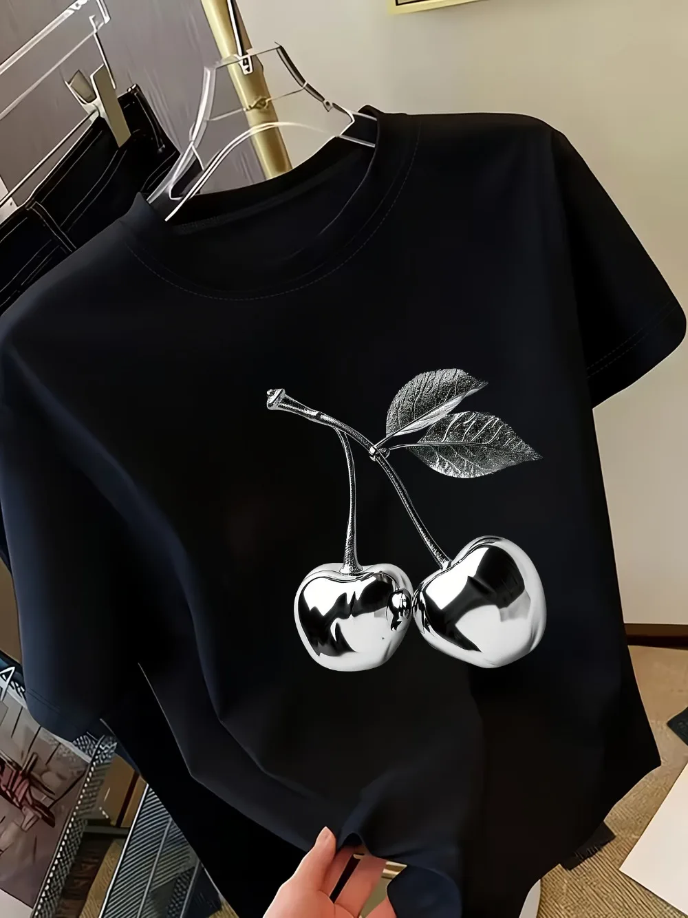 Golden Cherry Print Women Short Sleeve T-Shirt Stylish Casual Tee a Sense of Elegance Versatile Top for Women Minimalist Design