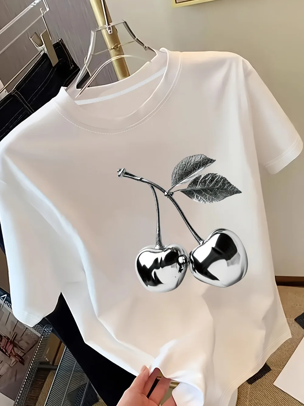 Golden Cherry Print Women Short Sleeve T-Shirt Stylish Casual Tee a Sense of Elegance Versatile Top for Women Minimalist Design