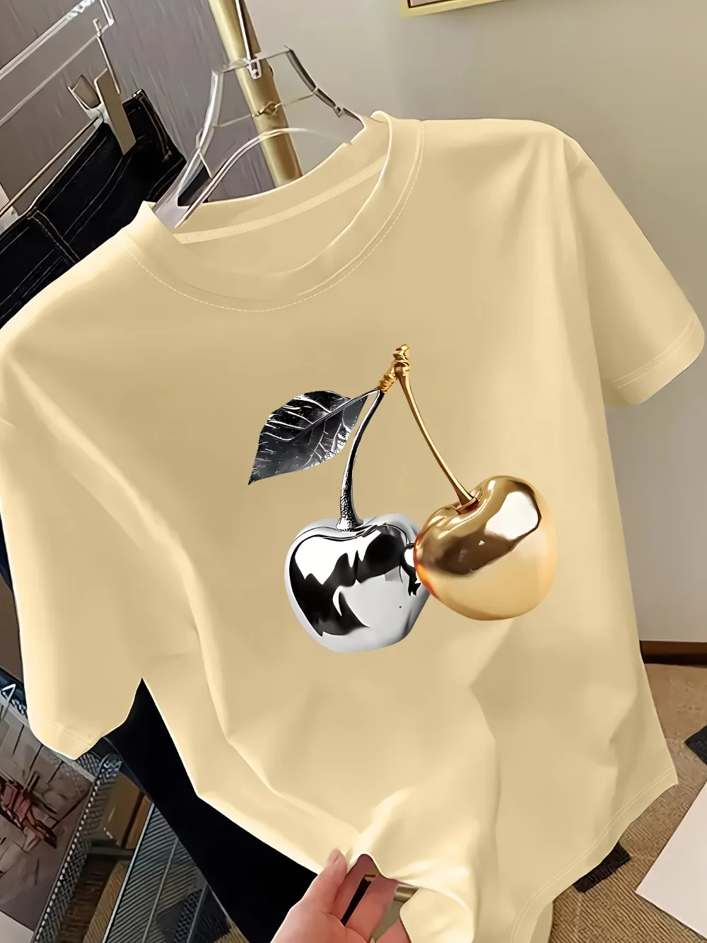 Golden Cherry Print Women Short Sleeve T-Shirt Stylish Casual Tee a Sense of Elegance Versatile Top for Women Minimalist Design