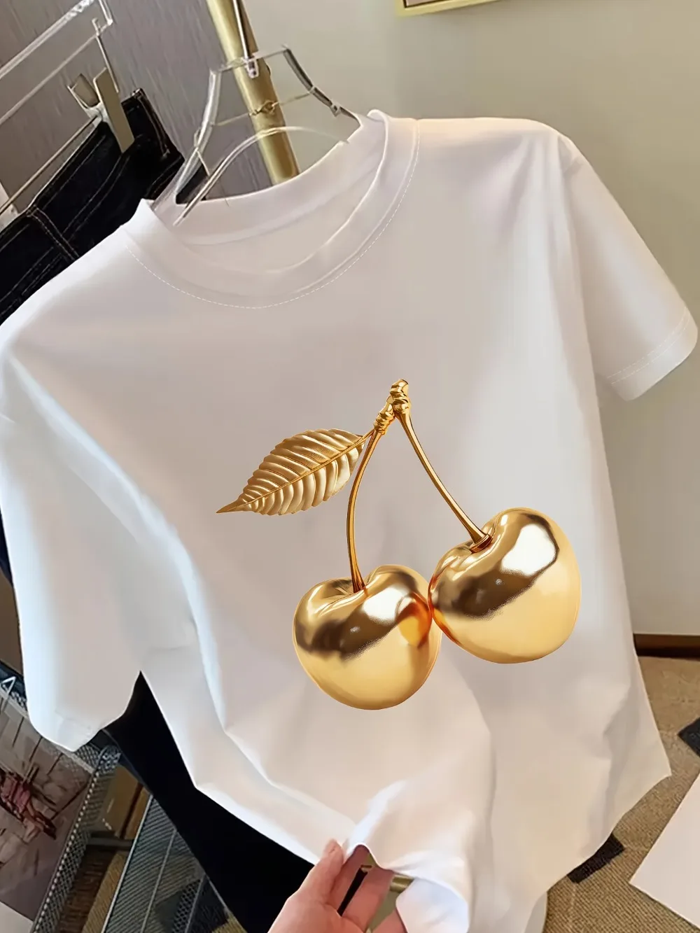 Golden Cherry Print Women Short Sleeve T-Shirt Stylish Casual Tee a Sense of Elegance Versatile Top for Women Minimalist Design