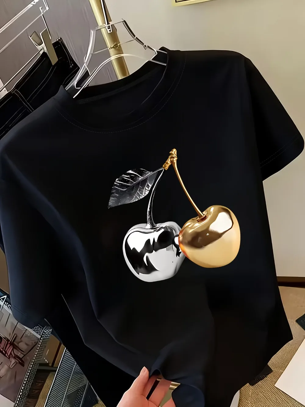 Golden Cherry Print Women Short Sleeve T-Shirt Stylish Casual Tee a Sense of Elegance Versatile Top for Women Minimalist Design