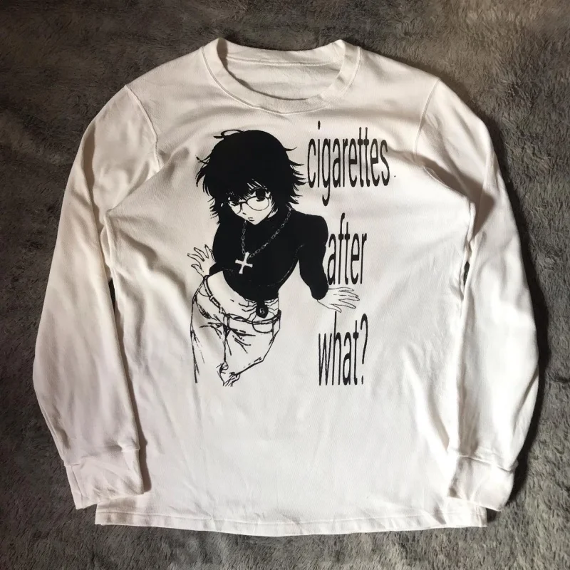 Women Retro Cute Harajuku Slim fit Tops Lady White Casual T-Shirts Girls Letter Anime Print Long Sleeve Clothes