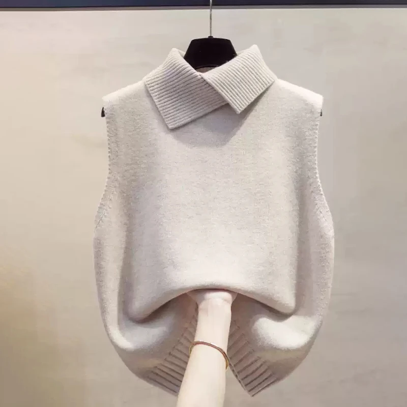 Autumn Winter Korean Solid Color Lapel Sleeveless Versatile Casual Knitted Vest For Women