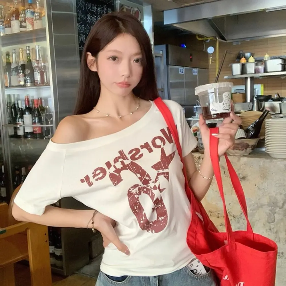 Fashion Y2k Off Shoulder Top Skew Collar Body Basic Short Sleeve Letter Print T Shirt Vintage Style