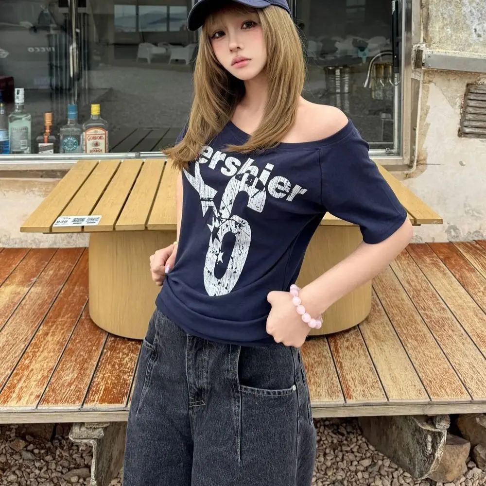 Fashion Y2k Off Shoulder Top Skew Collar Body Basic Short Sleeve Letter Print T Shirt Vintage Style