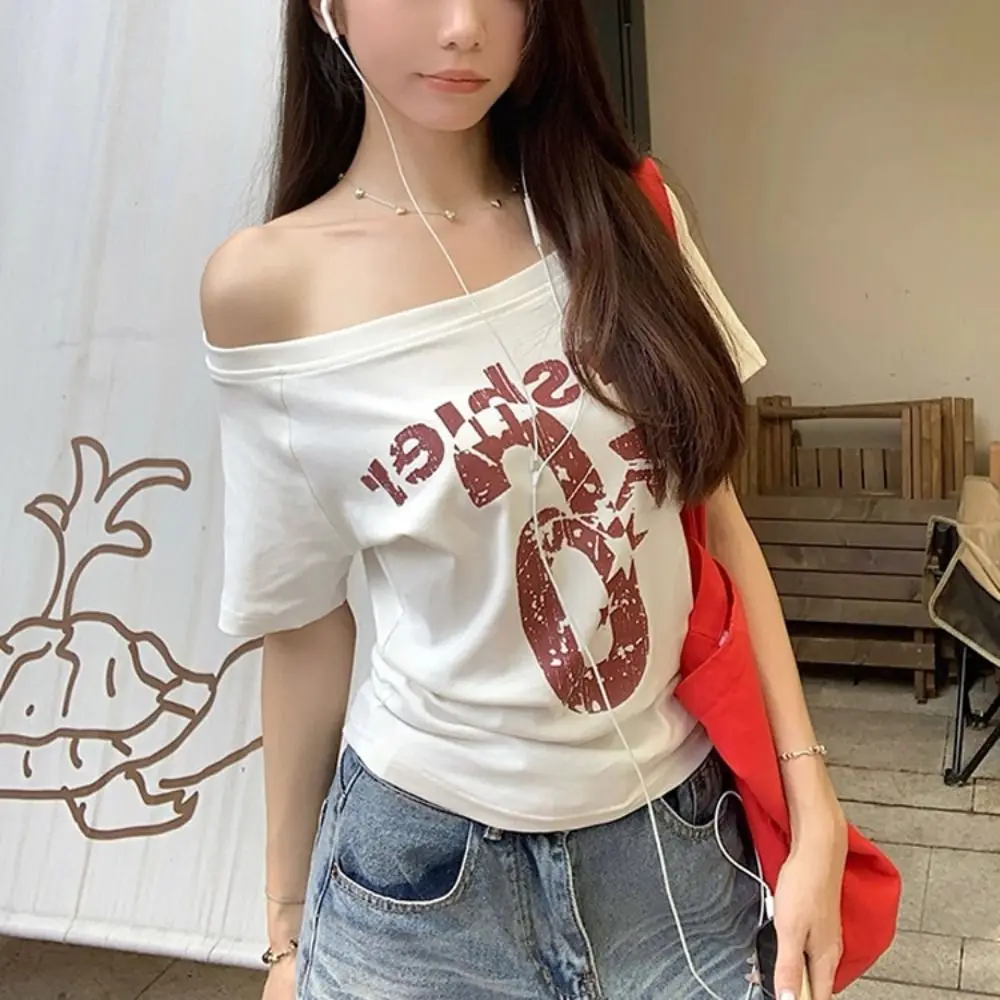 Fashion Y2k Off Shoulder Top Skew Collar Body Basic Short Sleeve Letter Print T Shirt Vintage Style