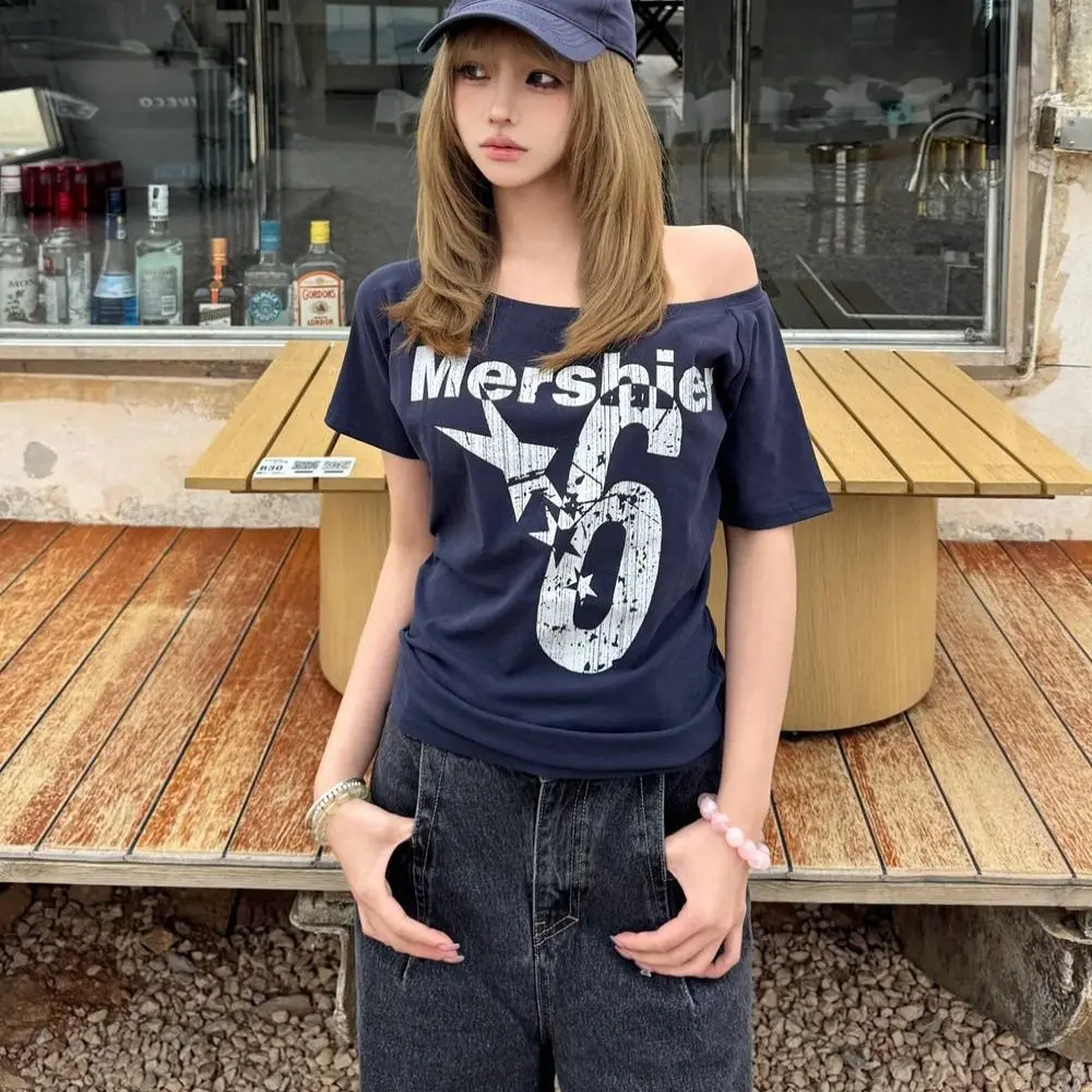 Fashion Y2k Off Shoulder Top Skew Collar Body Basic Short Sleeve Letter Print T Shirt Vintage Style