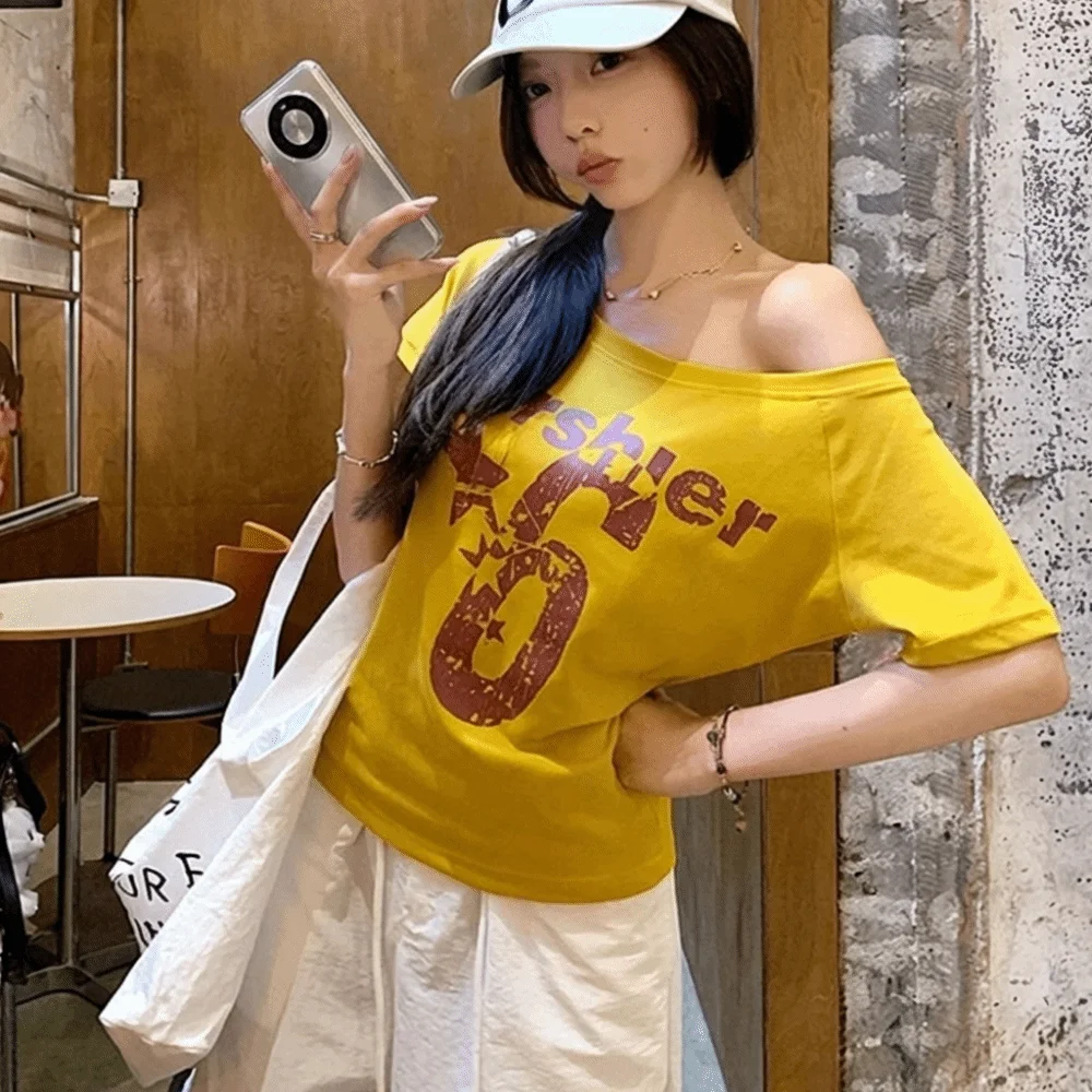 Fashion Y2k Off Shoulder Top Skew Collar Body Basic Short Sleeve Letter Print T Shirt Vintage Style
