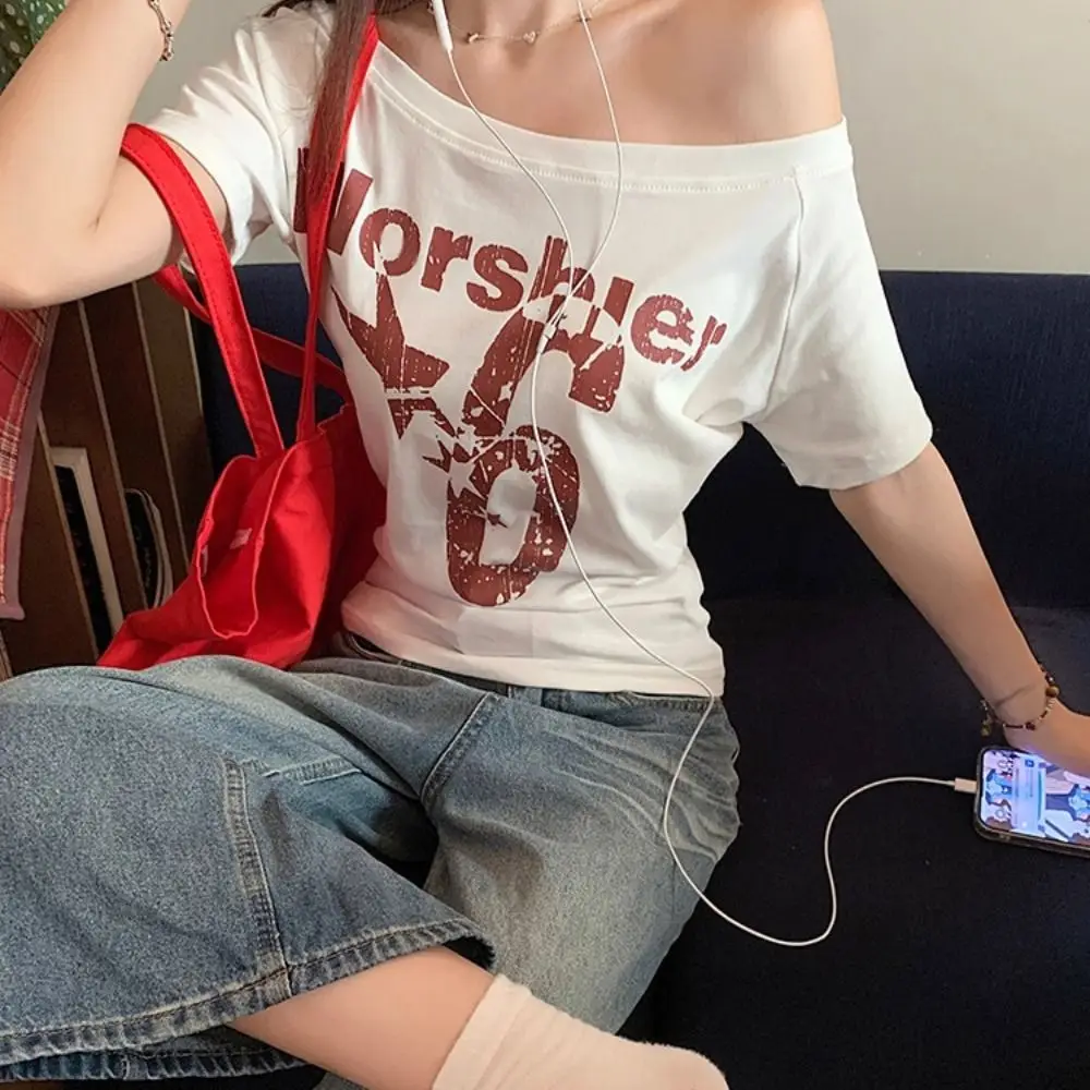 Fashion Y2k Off Shoulder Top Skew Collar Body Basic Short Sleeve Letter Print T Shirt Vintage Style