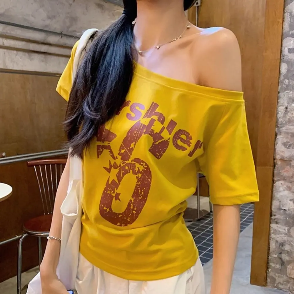 Fashion Y2k Off Shoulder Top Skew Collar Body Basic Short Sleeve Letter Print T Shirt Vintage Style