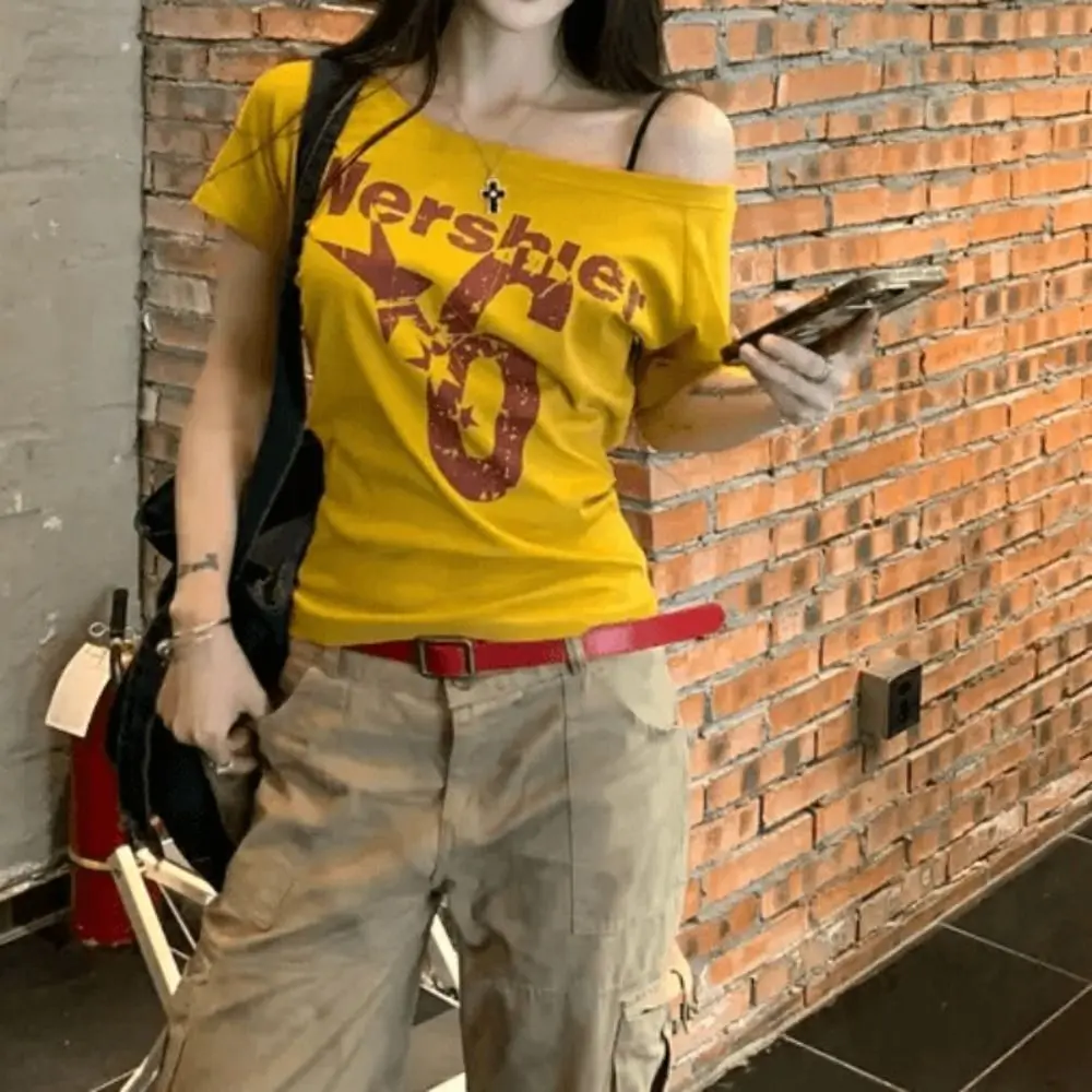 Fashion Y2k Off Shoulder Top Skew Collar Body Basic Short Sleeve Letter Print T Shirt Vintage Style