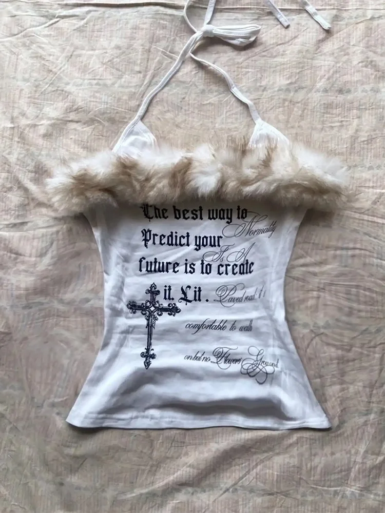 2026 Summer Women Y2K Grunge Goth Streetwear Sexy Faux Fur Trim Cross Letter Print Slim Fit Cropped Halter Neck Cami Tank Top