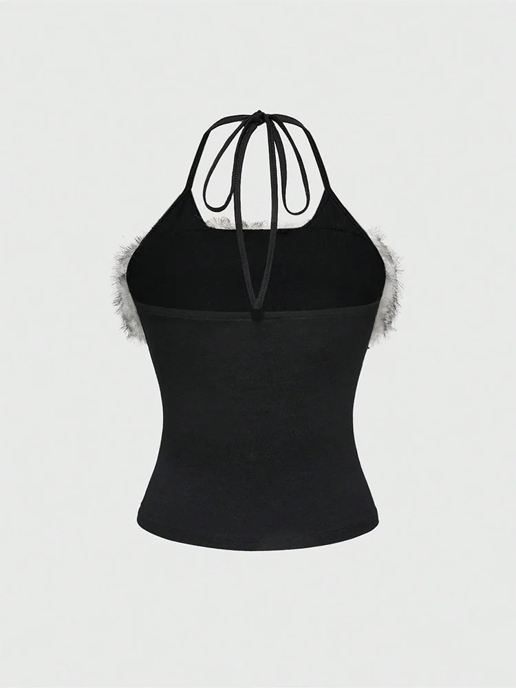2026 Summer Women Y2K Grunge Goth Streetwear Sexy Faux Fur Trim Cross Letter Print Slim Fit Cropped Halter Neck Cami Tank Top