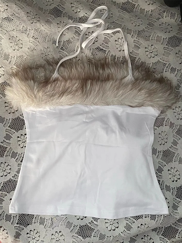 2026 Summer Women Y2K Grunge Goth Streetwear Sexy Faux Fur Trim Cross Letter Print Slim Fit Cropped Halter Neck Cami Tank Top