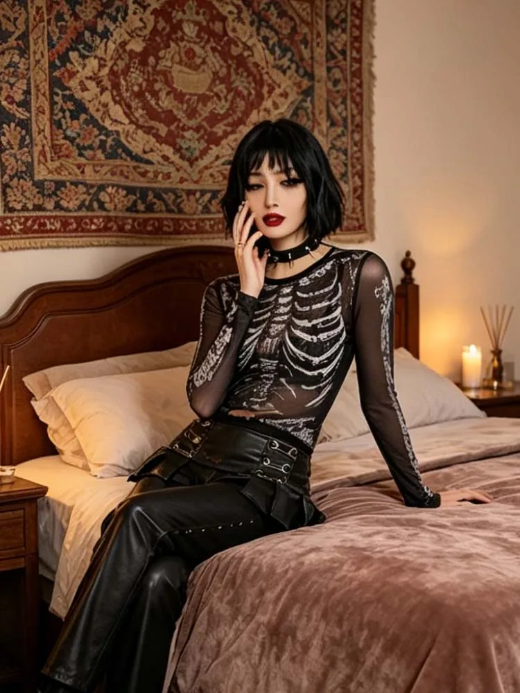 Dark Gothic Punk Shirt 2000s Women's Skull Pattern Round Neck Long Sleeve Black y2k Street Dress