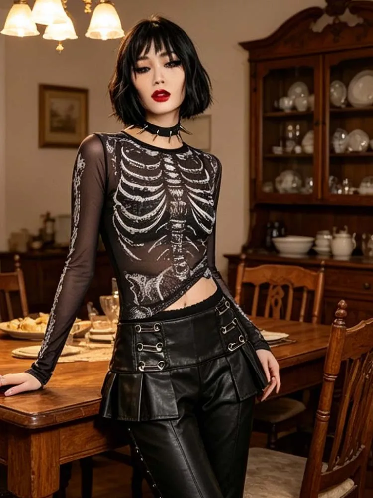 Dark Gothic Punk Shirt 2000s Women's Skull Pattern Round Neck Long Sleeve Black y2k Street Dress