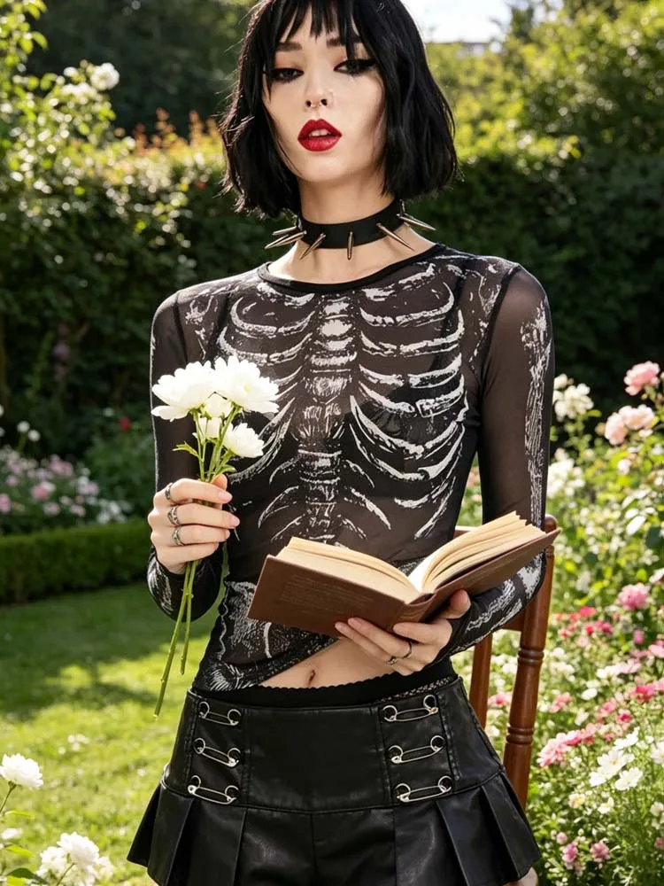 Dark Gothic Punk Shirt 2000s Women's Skull Pattern Round Neck Long Sleeve Black y2k Street Dress