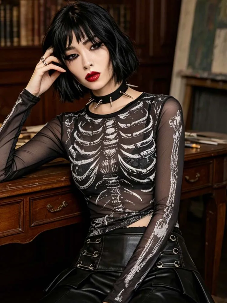 Dark Gothic Punk Shirt 2000s Women's Skull Pattern Round Neck Long Sleeve Black y2k Street Dress