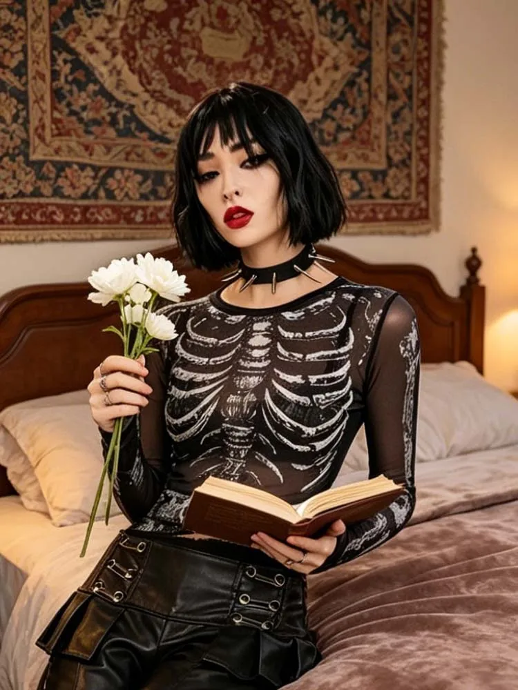 Dark Gothic Punk Shirt 2000s Women's Skull Pattern Round Neck Long Sleeve Black y2k Street Dress